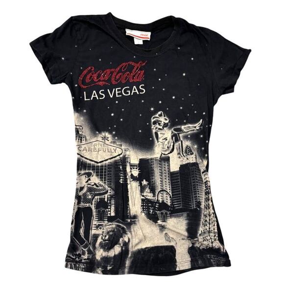 Y2K Coca Cola Original Women's Las Vegas Black Graphic Short Sleeve T-Shirt S - Picture 1 of 7